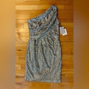 Calvin Klein silver sequined one shoulder cocktail dress NWT women’s size 10